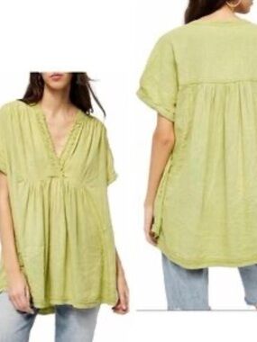 Free People green linen blend tunic top with pockets xs